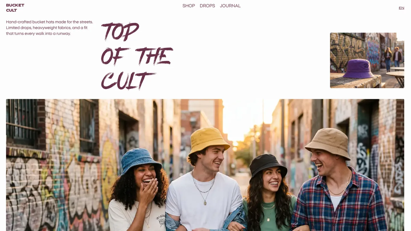 אתר Bucket Cult עם כובעי באקט וחברים בסמטת גרפיטי