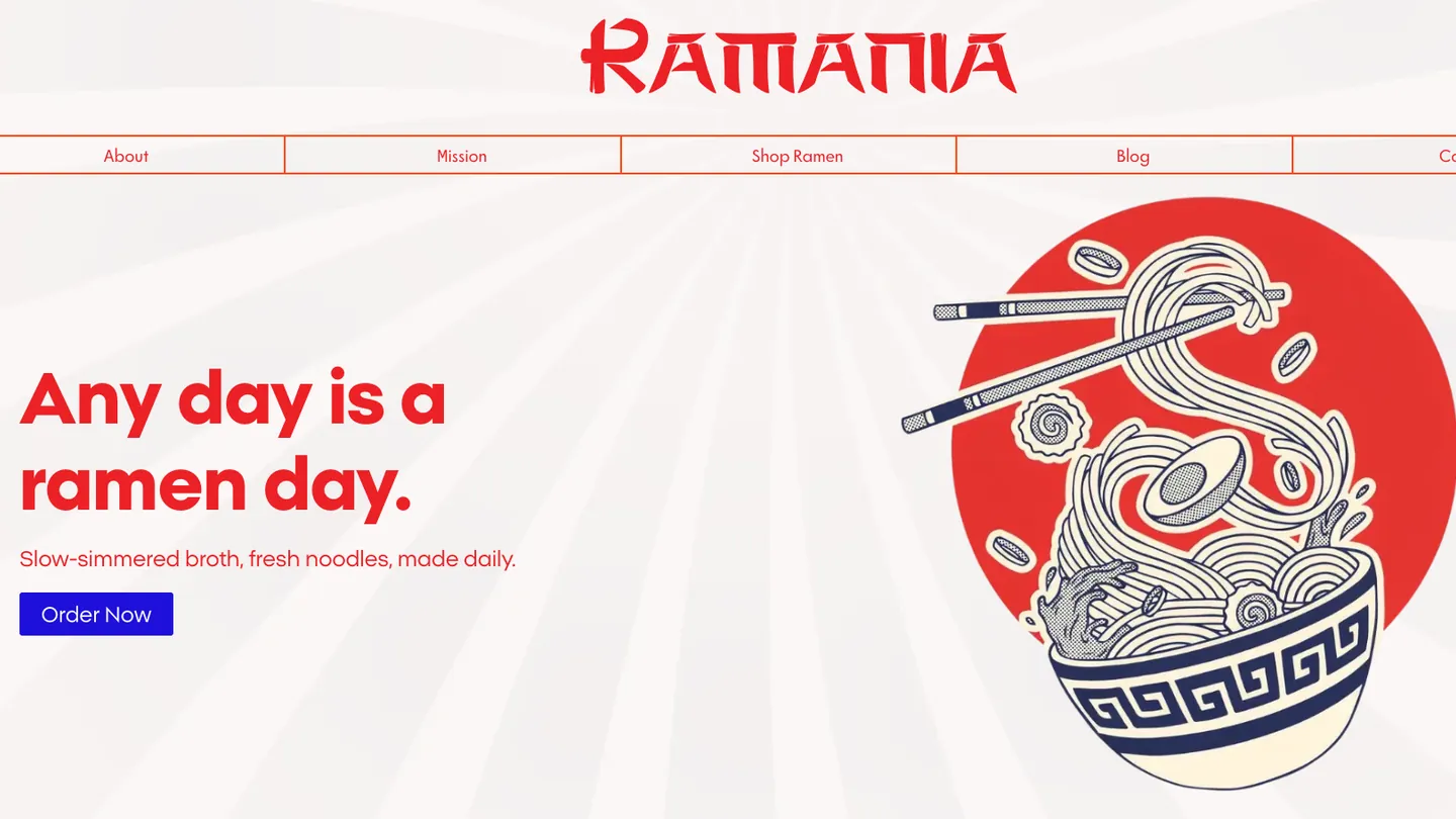 אתר RAMANIA עם איור קערת ראמן על עיגול אדום