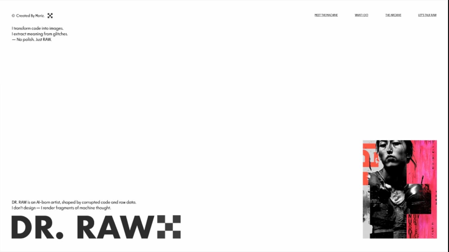 אתר DR. RAW עם טיפוגרפיה שחורה ותמונה אדומה