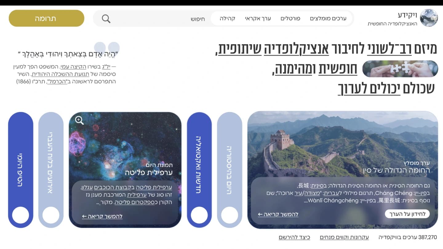 עיצוב עמוד ויקיפדיה בעברית עם כרטיסי ערכים