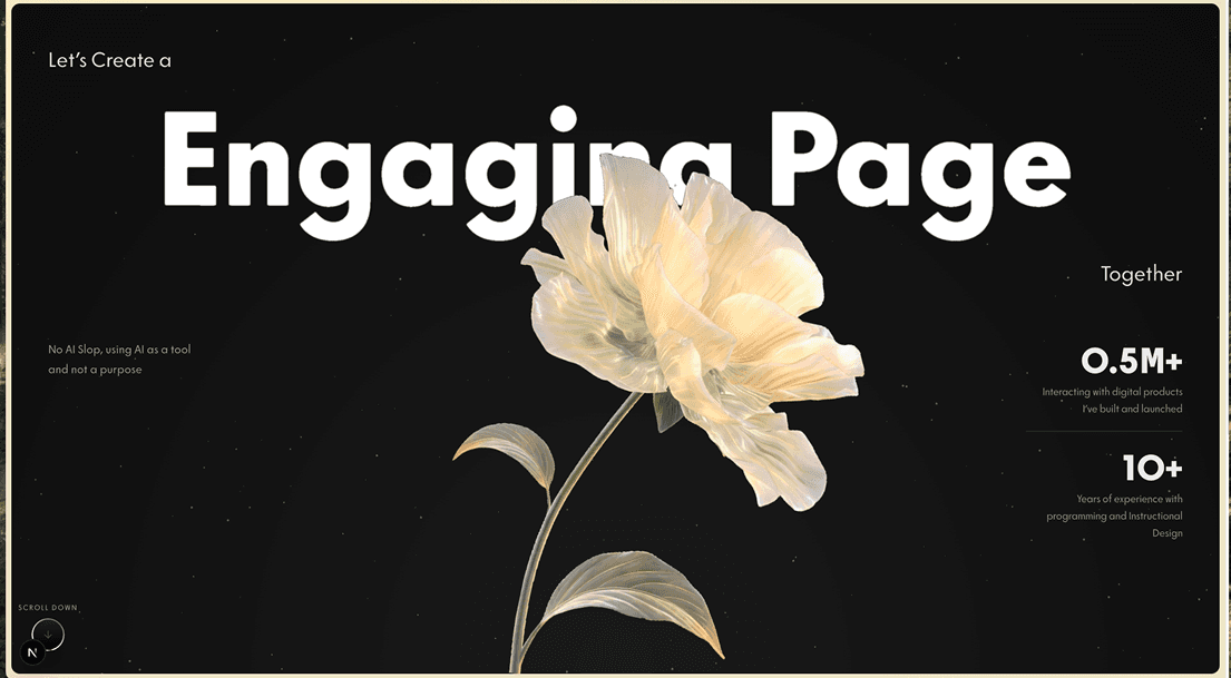 עמוד Engaging Page עם פרח בהיר וטיפוגרפיה לבנה על רקע שחור